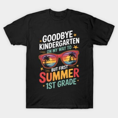 Black t-shirt with colorful "Goodbye Kindergarten, Hello Summer 1st Grade" print, featuring sunglasses and palm trees.
