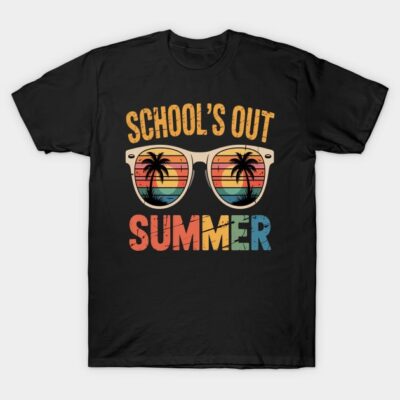 Black t-shirt with "School's Out Summer" print, featuring colorful sunglasses and palm tree design, casual summer wear.