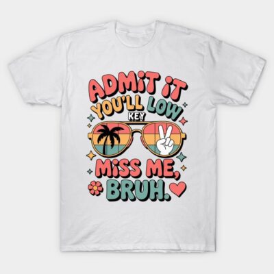 White graphic t-shirt with colorful text and sunglasses design, casual style, perfect for everyday wear.