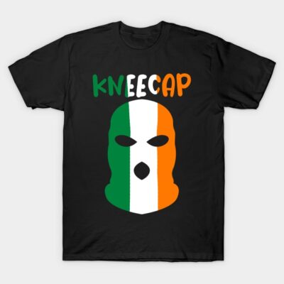 Black T-shirt featuring tricolor mask design with bold text, perfect for casual wear, made from soft cotton.