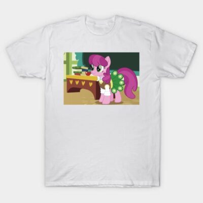 White T-shirt featuring colorful cartoon pony graphic, casual wear, soft cotton material, ideal for kids and pony fans.