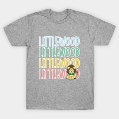 Gray t-shirt with colorful "Littlewood" text and cute lion graphic, casual wear, cotton blend material.