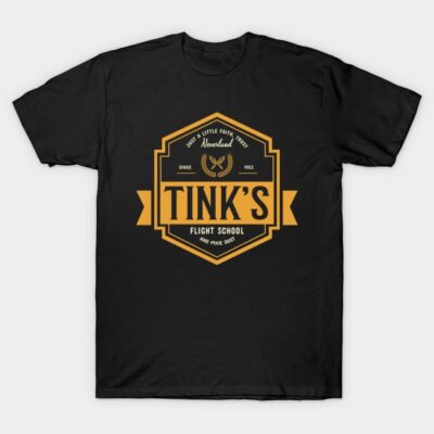 Black T-shirt with gold "Tink's Flight School" graphic, casual wear, cotton material, stylish design.