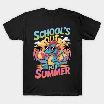 Black t-shirt with colorful "School's Out for Summer" design featuring a playful dragon, ideal for casual wear.