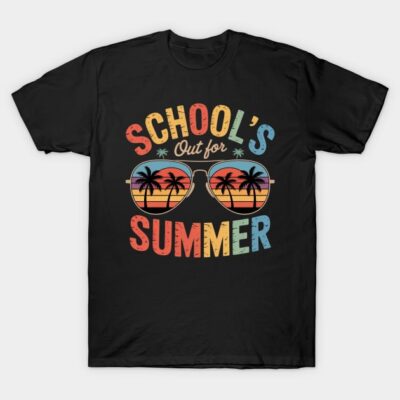 Black t-shirt with colorful "School's Out for Summer" graphic, featuring palm trees and sunglasses, perfect for casual wear.