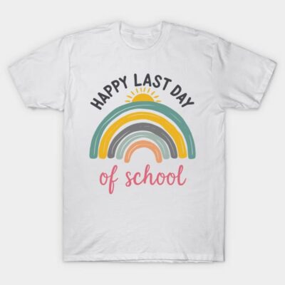 White t-shirt with colorful rainbow and "Happy Last Day of School" text, perfect for end-of-school celebrations.