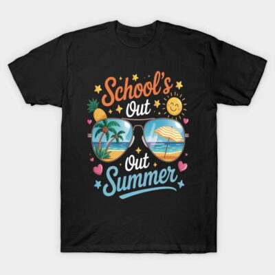 Black t-shirt with colorful "School's Out for Summer" beach-themed graphic, perfect for casual summer wear.