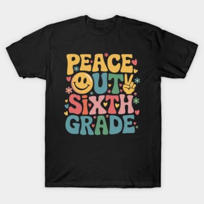 Black T-shirt with colorful "Peace Out Sixth Grade" graphic, featuring smiley face and peace sign, casual style.
