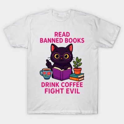 White unisex T-shirt featuring a black cat with books and coffee, promoting reading and empowerment. Cotton material.
