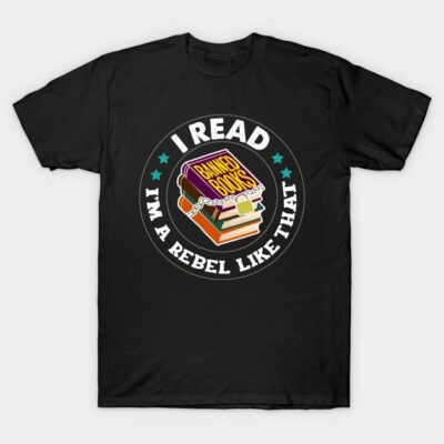 Black t-shirt with "I Read Banned Books" graphic, casual style, perfect for book lovers and literary enthusiasts.