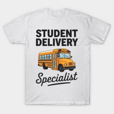 White "Student Delivery Specialist" T-shirt with school bus graphic, casual cotton wear. Perfect for bus drivers.