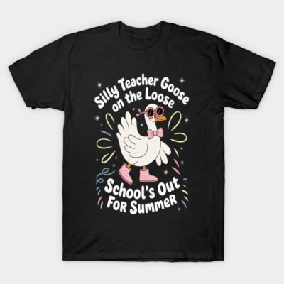 Black t-shirt with playful goose design, "Silly Teacher Goose," colorful summer theme, perfect for casual wear.