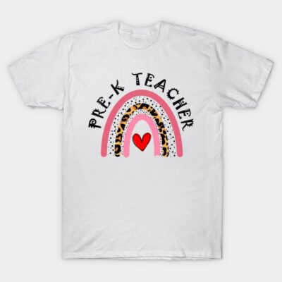 White "Pre-K Teacher" t-shirt with rainbow and heart design, featuring pink and leopard print accents, casual wear.