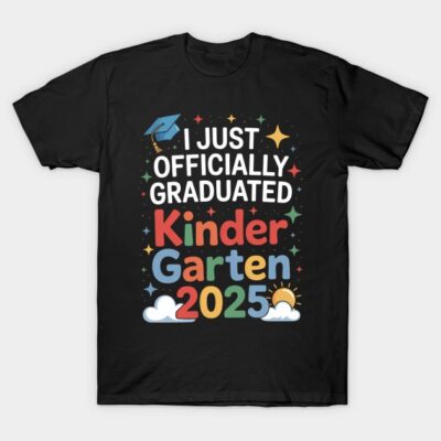 Black "Kindergarten 2025 Graduation" T-shirt with colorful text and graphics, perfect for kids' milestone celebration.
