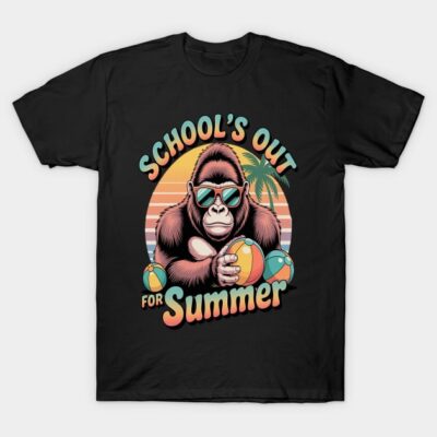 Black t-shirt with "School's Out for Summer" design, featuring a gorilla in sunglasses holding beach balls.