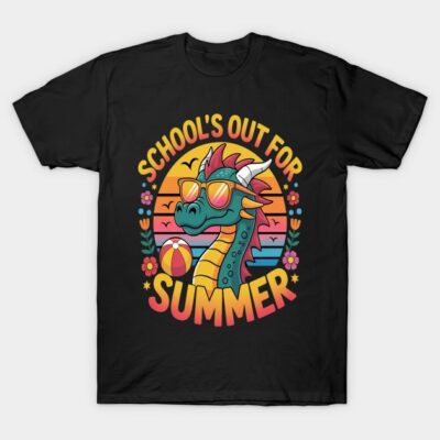Black t-shirt with colorful dragon graphic and "School's Out for Summer" text, perfect for casual summer wear.