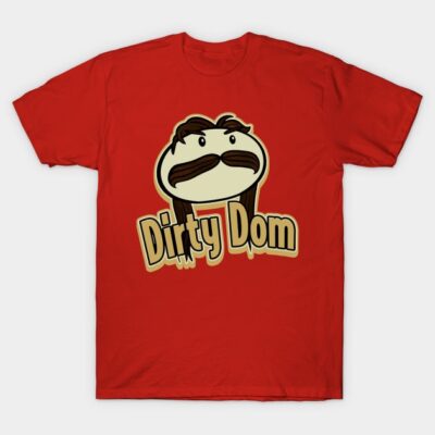 Red graphic t-shirt with cartoon design and "Dirty Dom" text, casual cotton tee for men or women, fun style.