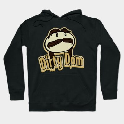 Black graphic hoodie featuring cartoon character design and "Dirty Dom" text, ideal for casual wear.