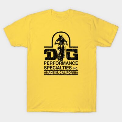 Yellow graphic t-shirt featuring motorcycle design and text, casual wear, cotton material, ideal for sports enthusiasts.