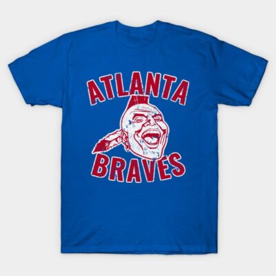 Blue Atlanta Braves T-shirt, bold red and white logo, casual cotton top, perfect for sports fans and everyday wear.