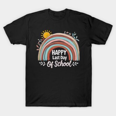 Black t-shirt with "Happy Last Day of School" rainbow and sun design, casual style, cotton material.