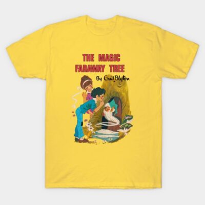 Yellow t-shirt featuring "The Magic Faraway Tree" graphic design, casual wear, cotton material, vibrant print.