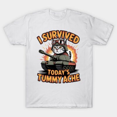 White t-shirt with cat tank graphic and "I Survived Today's Tummy Ache" text, cotton, casual wear.