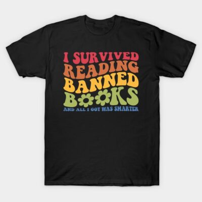 Black T-shirt with colorful "I Survived Reading Banned Books" text, casual style, cotton material, unisex design.