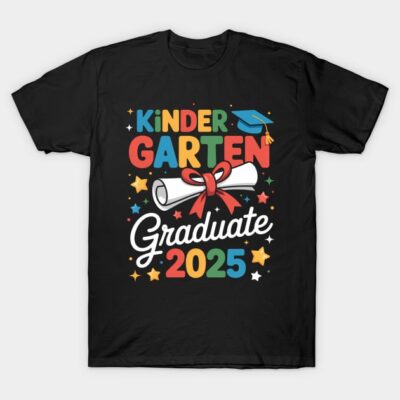 Black T-shirt with colorful "Kindergarten Graduate 2025" design, featuring stars and a diploma graphic.