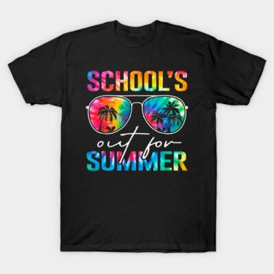 Black t-shirt with colorful "School's Out for Summer" text and sunglasses graphic, casual summer wear.