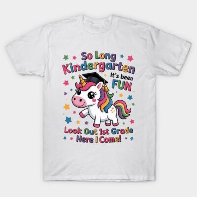 White t-shirt with colorful unicorn and "So Long Kindergarten" text, perfect for kids' graduation or school events.