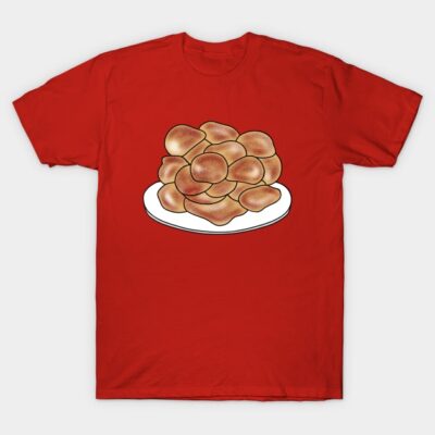 Red t-shirt featuring plate of golden brown bread rolls design, casual style, cotton material, ideal for everyday wear.