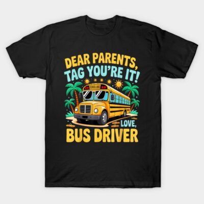 Black T-shirt featuring colorful school bus graphic and playful text for bus drivers, casual style, cotton material.