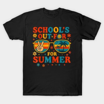 Black t-shirt with colorful "School's Out for Summer" graphic, featuring sunglasses, peace sign, and palm trees.