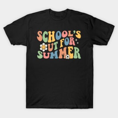 Black t-shirt with colorful "School's Out for Summer" text and flower graphics; casual wear, cotton material.