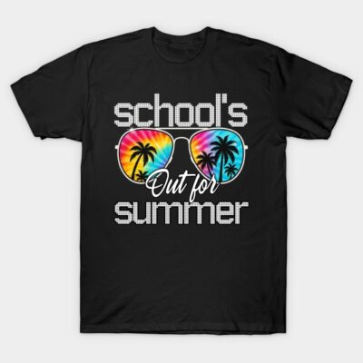Black t-shirt with "School's Out for Summer" text and colorful sunglasses design, casual summer wear.