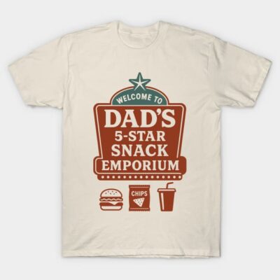 Cream t-shirt with "Dad's 5-Star Snack Emporium" design, featuring burger, chips, and drink icons, casual wear.