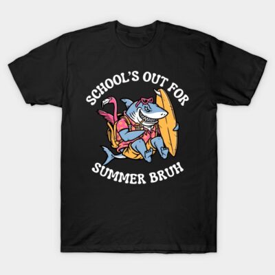 Black t-shirt with "School's Out for Summer Bruh" shark graphic, colorful design, casual summer wear, cotton material.