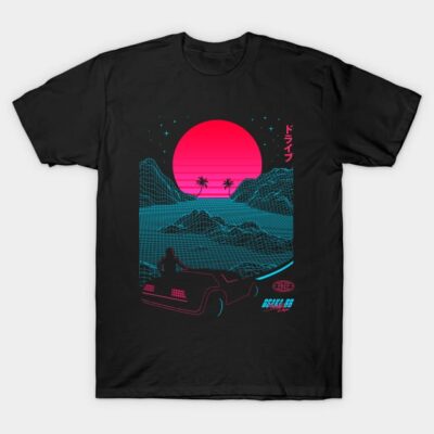 Black t-shirt with a retro-futuristic sunset print, featuring neon pink and blue landscape design. Perfect for casual wear.