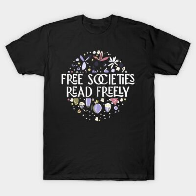 Black t-shirt with floral design and "Free Societies Read Freely" text, casual wear, cotton material.