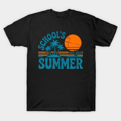 Black "School's Out for Summer" T-shirt with retro design, featuring palm trees and sunset. Casual summer wear.