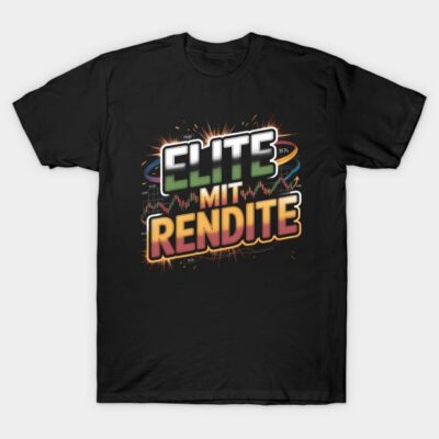 Black T-shirt with colorful "Elite mit Rendite" graphic design, casual wear, cotton material.
