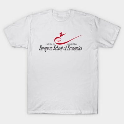 White cotton t-shirt with "European School of Economics" logo in red and black, casual wear.