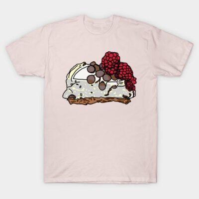 Pink t-shirt with cheesecake graphic, featuring berries and chocolate chips. Casual wear, soft cotton material.