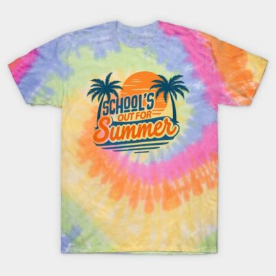 Tie-dye t-shirt with "School's Out for Summer" print, vibrant colors, casual style, perfect for summer wear.