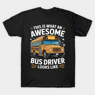 Black T-shirt with colorful school bus graphic and "Awesome Bus Driver" text, perfect for casual wear.