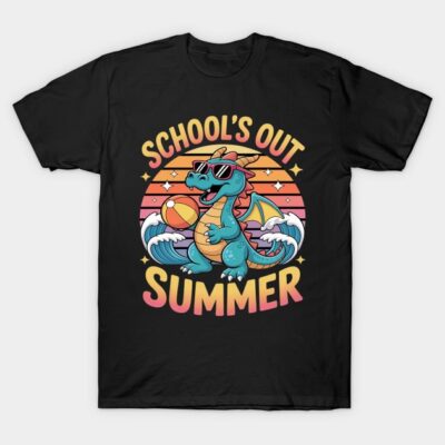 Black t-shirt with playful dragon and "School's Out Summer" text, perfect for casual wear and summer fun.