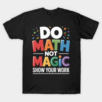 Black cotton t-shirt with colorful "Do Math Not Magic Show Your Work" text, perfect for math enthusiasts.