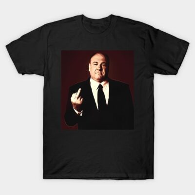 Black graphic t-shirt with bold design, featuring a suited figure. Casual wear, cotton material, unisex style.