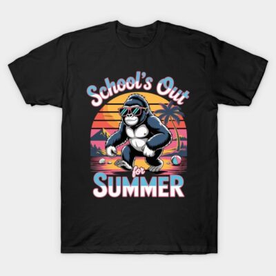 Black t-shirt with "School's Out for Summer" design featuring a gorilla with sunglasses and tropical beach background.